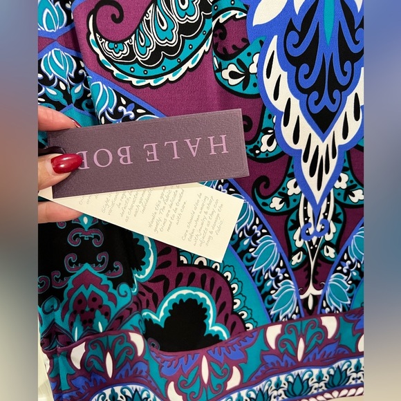 Hale Bob S Jersey Dress Faux Leather V Neck Purple Blue Turquoise NWT - Picture 12 of 16